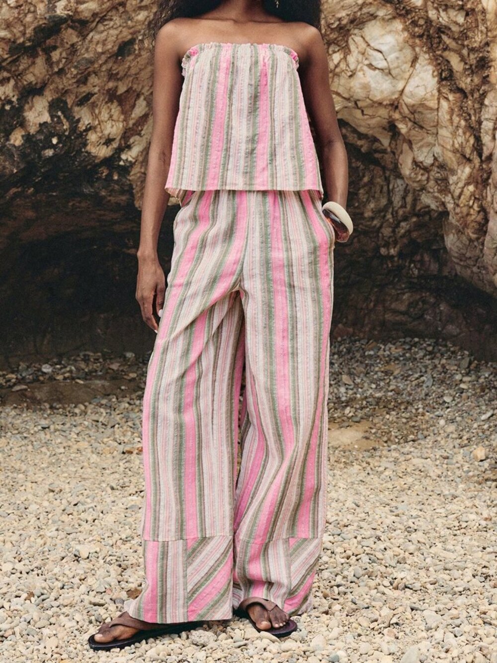 Dusty Pink Boho Women's Striped Two-Piece Set with Pocket Shorts and Top - Picture 3 of 6